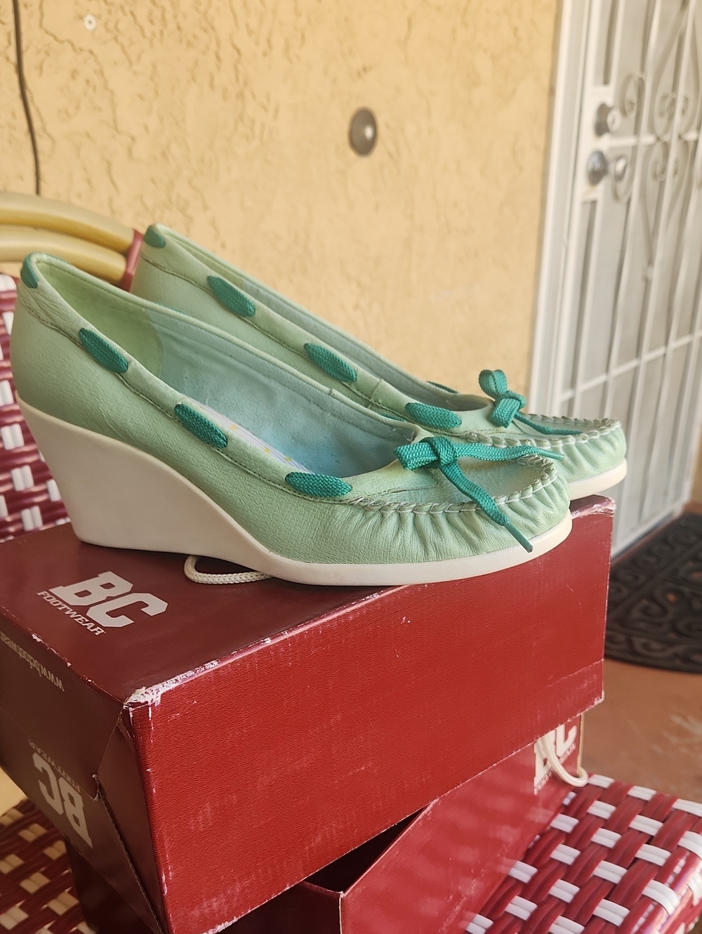 BC Footwear Mint Green Wedge Moccasins with Bow Detail (New No Tag)